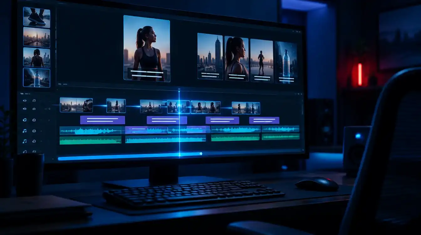 Monitor z osią czasu montażu, na której klipy reklamowe układają się automatycznie