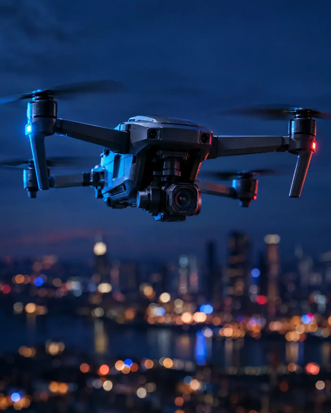 Dron z kamerą w locie nad miastem nocą